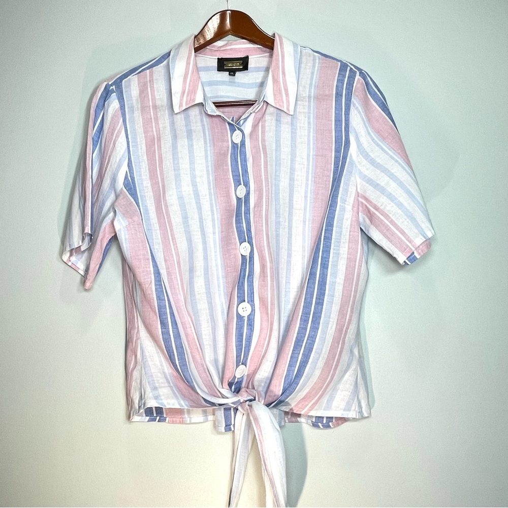Alexia Admor Women’s Linen Blend Top Pink Blue White Stripe Short Sleeve Size 10
